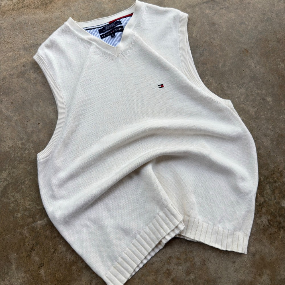 Vintage 90s Tommy Hilfiger Sweater Vest Preppy V-Neck Knit White Large (g4a)